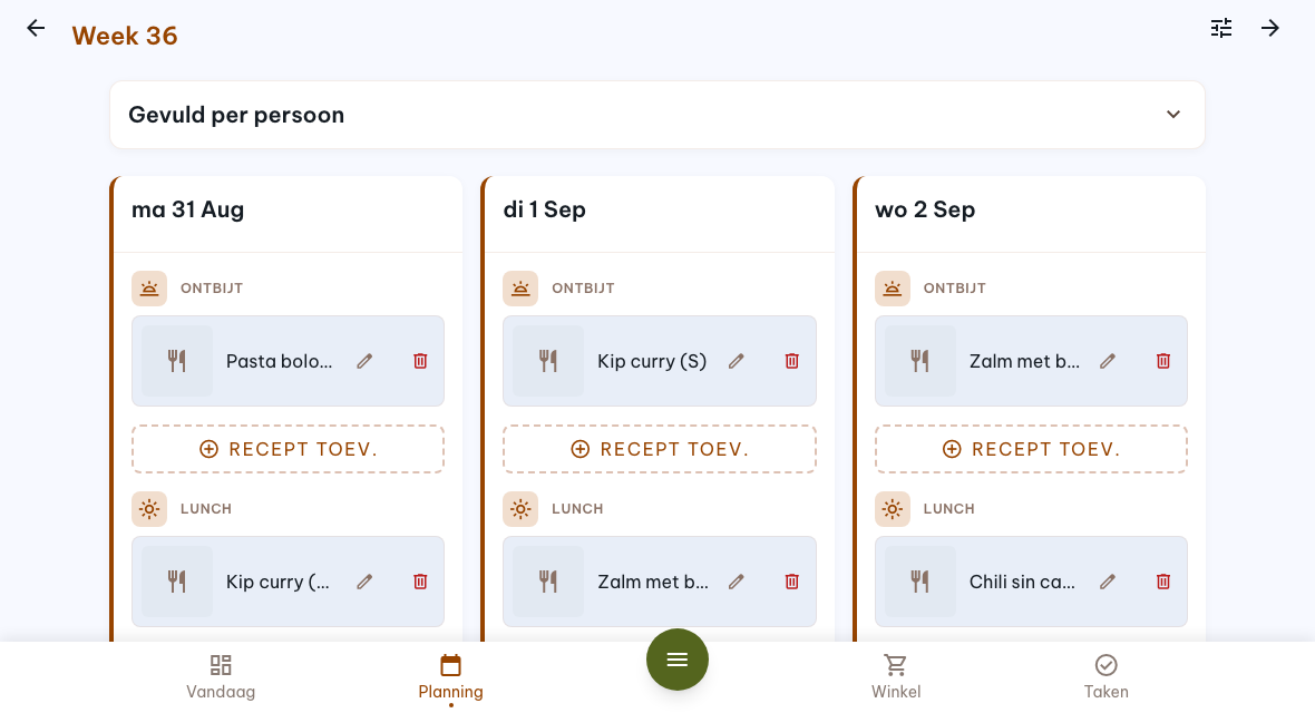 De weekplanning van Thuis Ritme: de dagen van de week naast elkaar, met per eetmoment het geplande recept