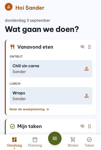 Het 'Vandaag'-dashboard van Thuis Ritme, met vanavond geplande maaltijden en openstaande taken in één overzicht